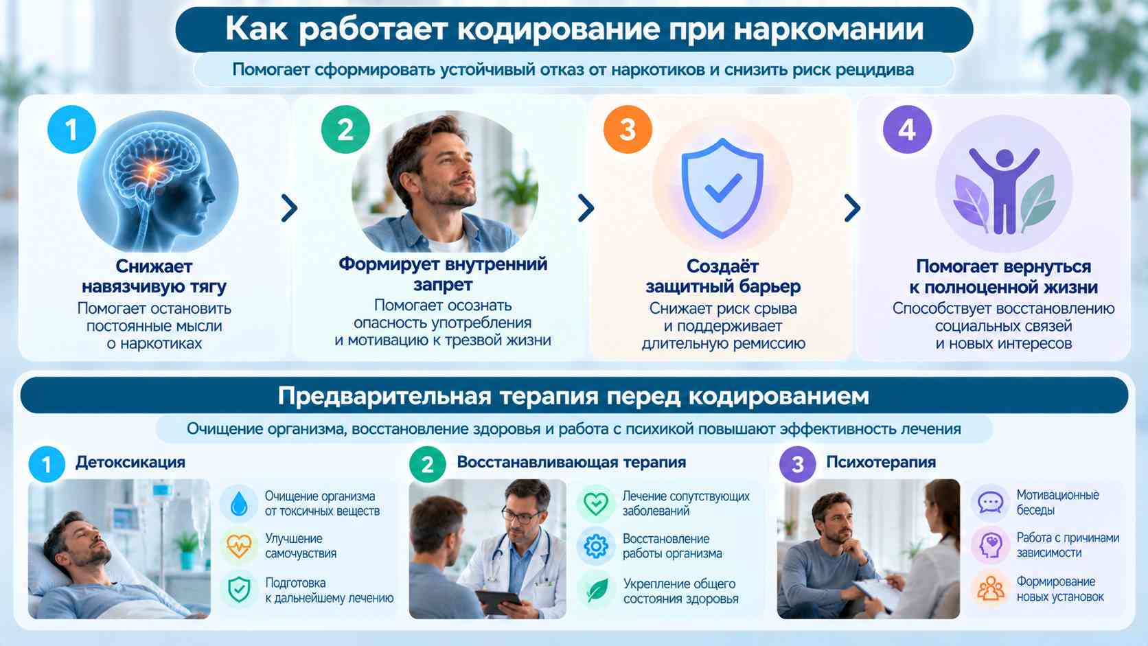 Инфографика о кодировании от наркомании: подготовка к лечению, детоксикация, восстановительная терапия, психотерапия и профилактика рецидивов.