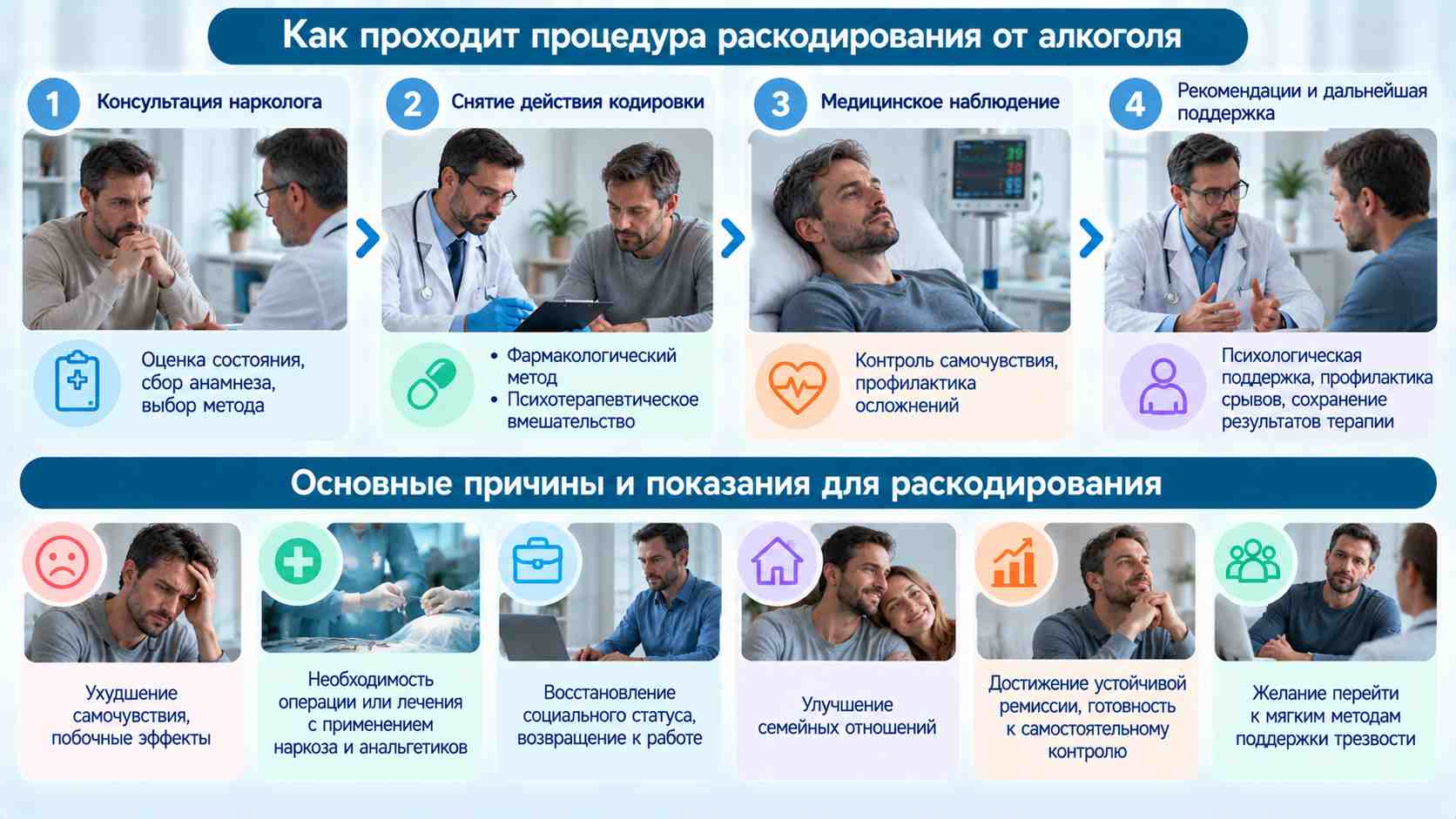 Инфографика об этапах раскодирования от алкоголя: консультация нарколога, выбор способа прекращения кодирования, медицинское наблюдение и психологическая поддержка.